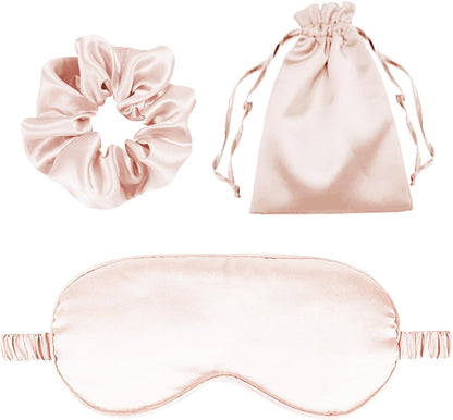 3Pcs Satin Eye Mask Silk Sleep Masks Set Silky Blindfold Eyeshade Blackout Eyes Cover Pouches Bag Scrunchy Wedding Gift