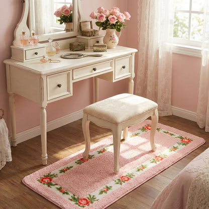 Bathroom Rugs with Romantic Rose Flower Soft Comfortable Bath Mat Absorbent Non Slip Area Rugs for Bedroom Living Room Kitchen Washable Mat(Pink,17.7x47 in)