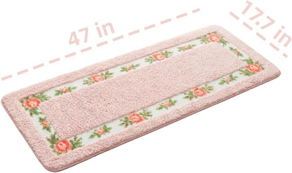 Bathroom Rugs with Romantic Rose Flower Soft Comfortable Bath Mat Absorbent Non Slip Area Rugs for Bedroom Living Room Kitchen Washable Mat(Pink,17.7x47 in)