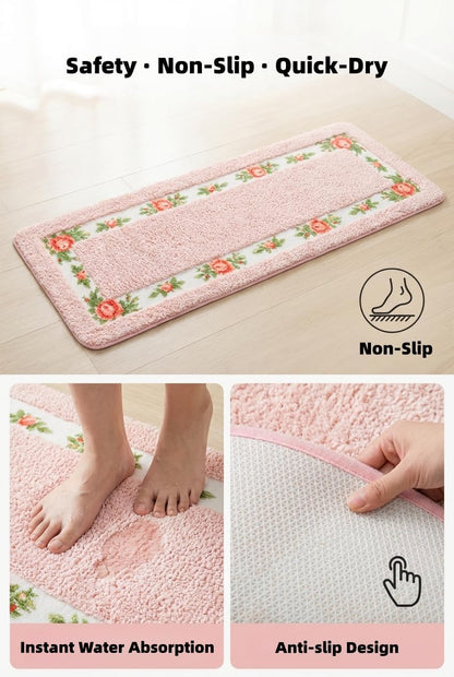 Bathroom Rugs with Romantic Rose Flower Soft Comfortable Bath Mat Absorbent Non Slip Area Rugs for Bedroom Living Room Kitchen Washable Mat(Pink,17.7x47 in)