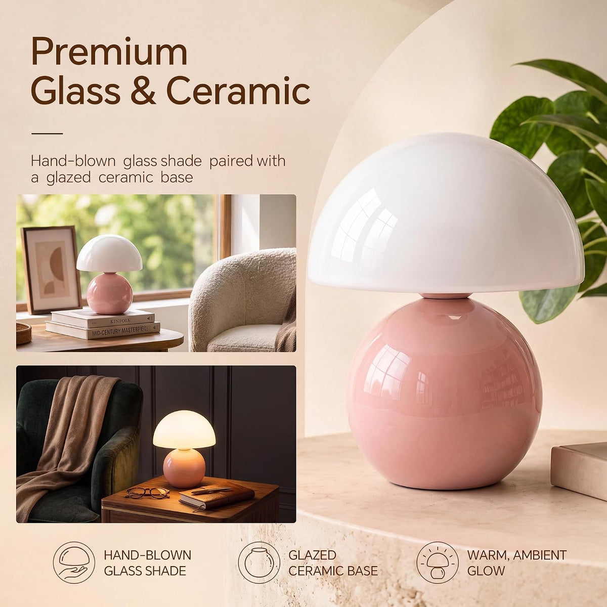 Mushroom Lamp Table Lamp for Bedroom-Small Desk Table Lamps,Pink