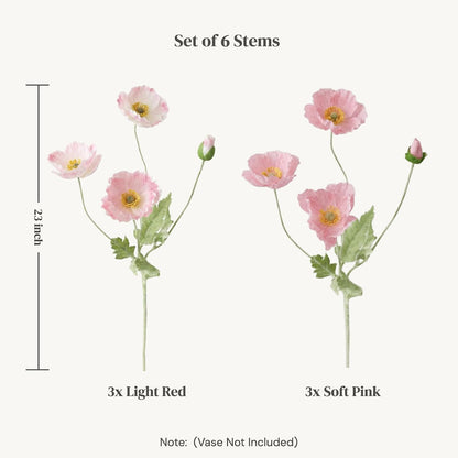 6 Pcs Silk Poppies, 23" Soft Pink Faux Flower Stems for Vase