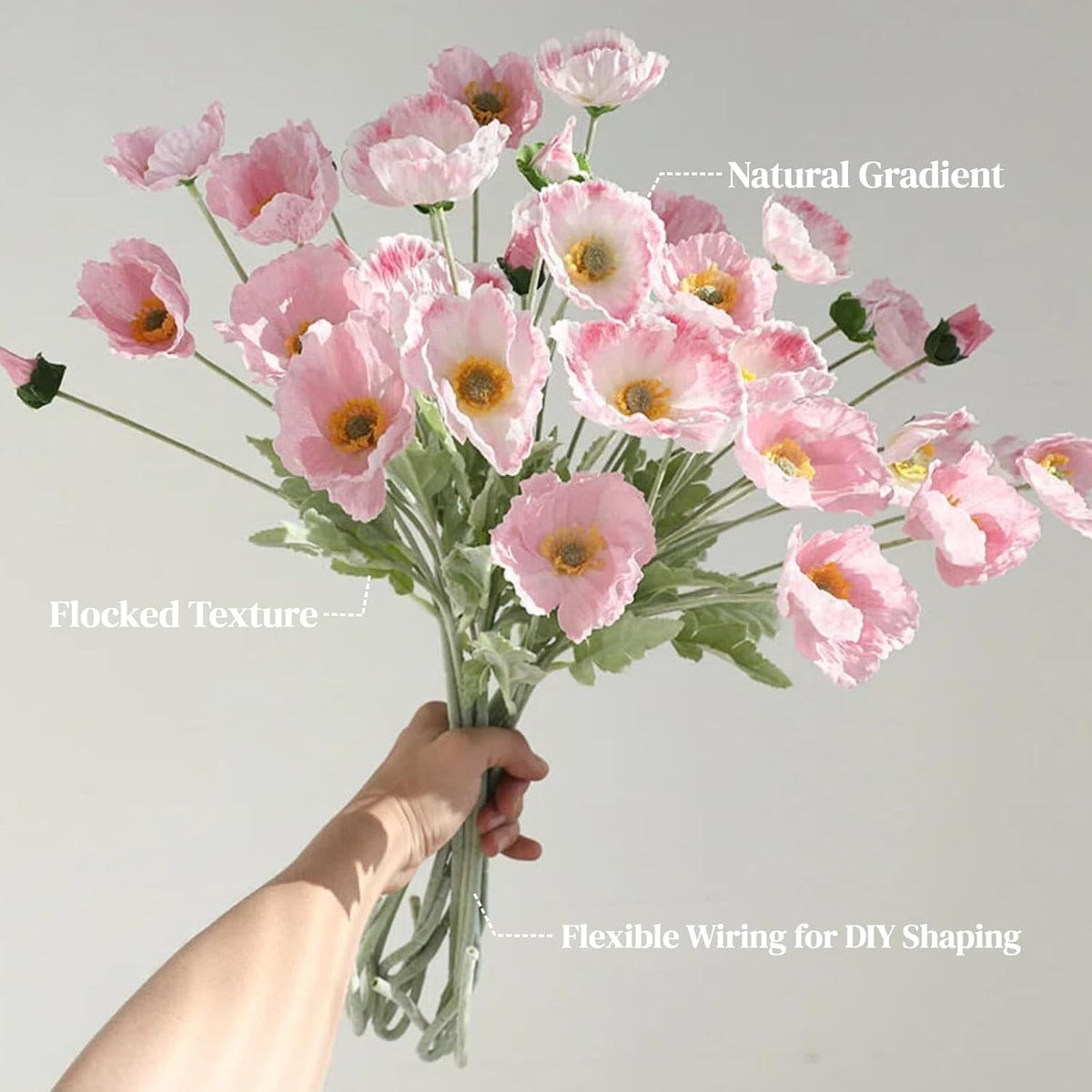 6 Pcs Silk Poppies, 23" Soft Pink Faux Flower Stems for Vase