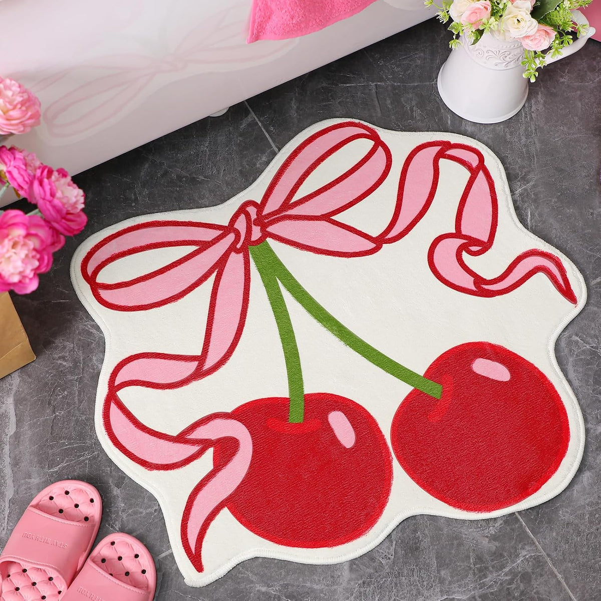 Cherry Bow Bathroom Rug 23.6 x 21.3'' Pink Bow Cute Cherry Bath Decor Soft Non Slip Absorbent Rugs Coquette Fruit Carpet Washable Bathtub Mat for Kitchen Living Room Home Bathtub