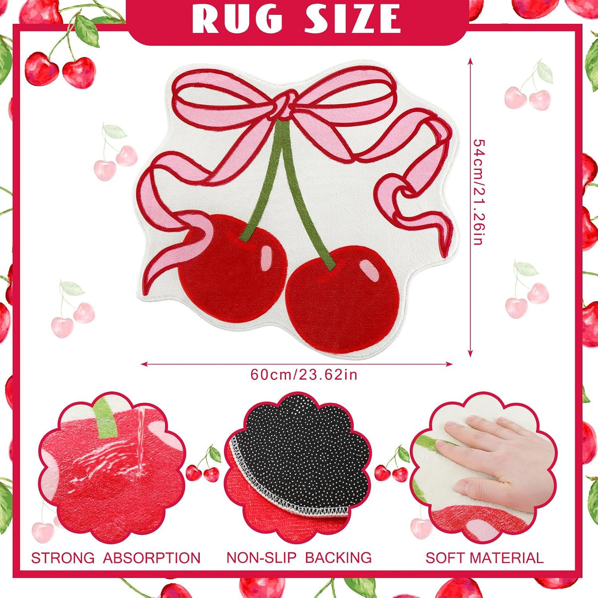 Cherry Bow Bathroom Rug 23.6 x 21.3'' Pink Bow Cute Cherry Bath Decor Soft Non Slip Absorbent Rugs Coquette Fruit Carpet Washable Bathtub Mat for Kitchen Living Room Home Bathtub