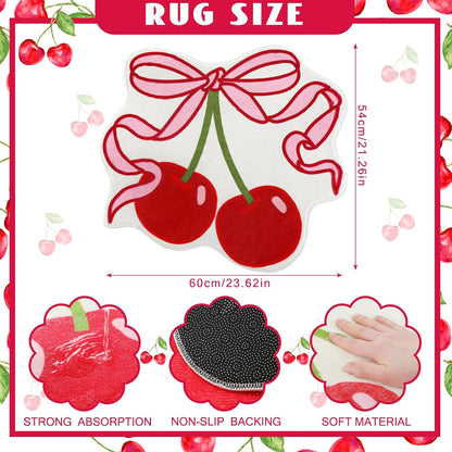 Cherry Bow Bathroom Rug 23.6 x 21.3'' Pink Bow Cute Cherry Bath Decor Soft Non Slip Absorbent Rugs Coquette Fruit Carpet Washable Bathtub Mat for Kitchen Living Room Home Bathtub