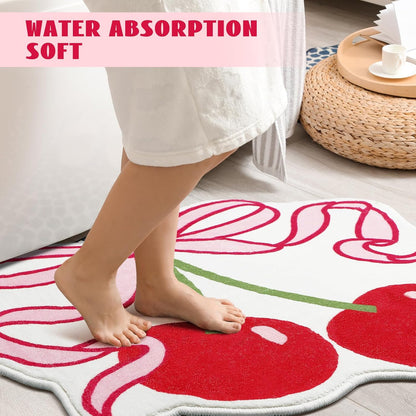 Cherry Bow Bathroom Rug 23.6 x 21.3'' Pink Bow Cute Cherry Bath Decor Soft Non Slip Absorbent Rugs Coquette Fruit Carpet Washable Bathtub Mat for Kitchen Living Room Home Bathtub