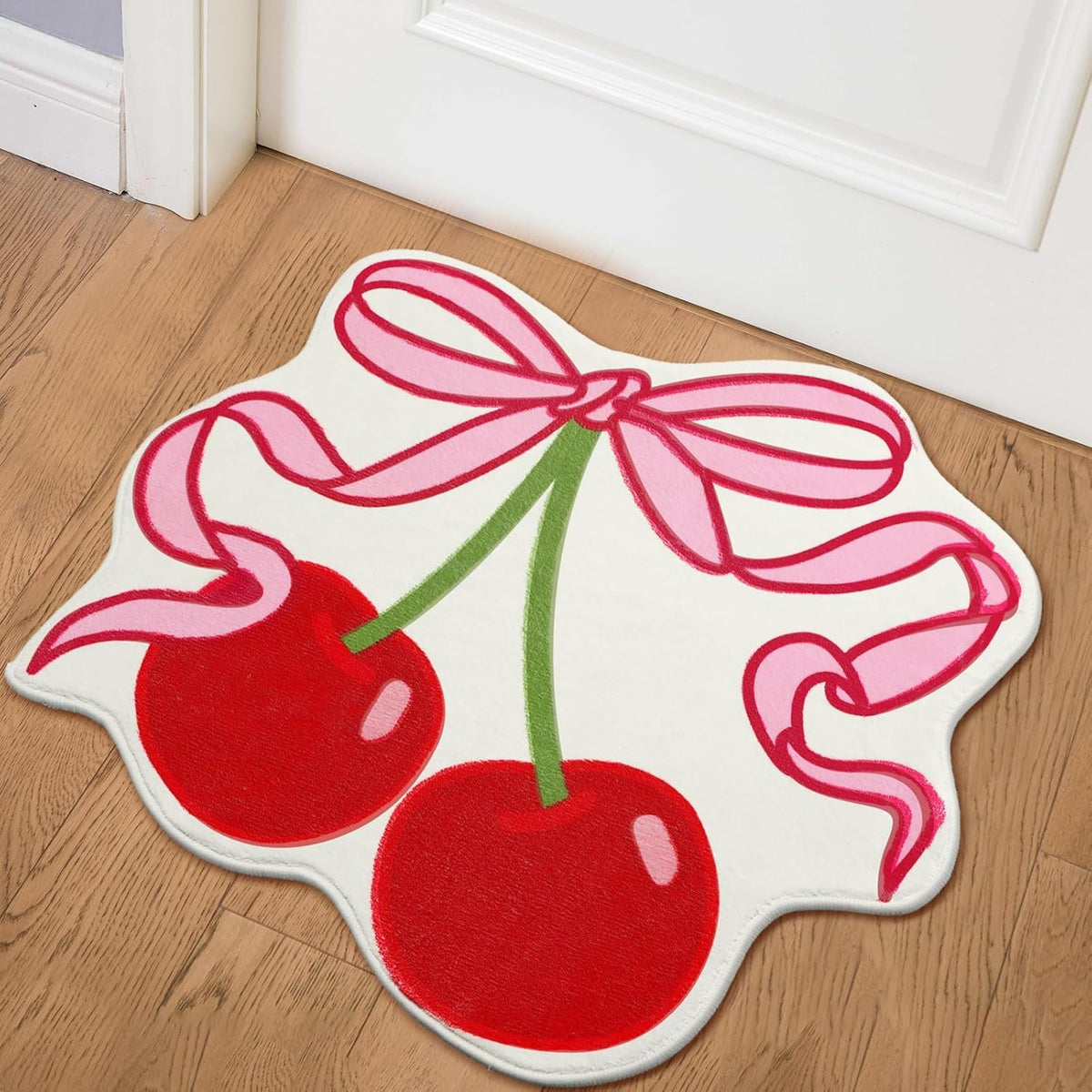 Cherry Bow Bathroom Rug 23.6 x 21.3'' Pink Bow Cute Cherry Bath Decor Soft Non Slip Absorbent Rugs Coquette Fruit Carpet Washable Bathtub Mat for Kitchen Living Room Home Bathtub