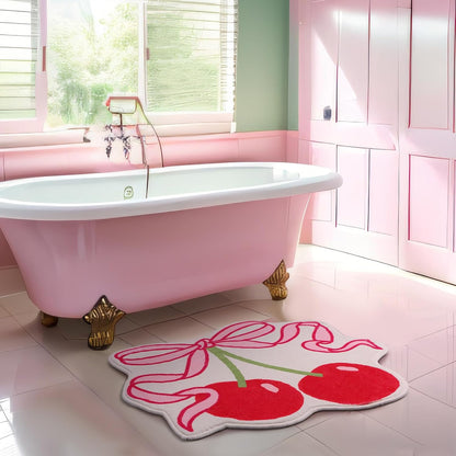 Cherry Bow Bathroom Rug 23.6 x 21.3'' Pink Bow Cute Cherry Bath Decor Soft Non Slip Absorbent Rugs Coquette Fruit Carpet Washable Bathtub Mat for Kitchen Living Room Home Bathtub