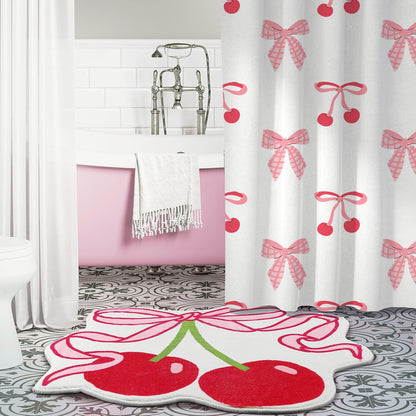 Cherry Bow Bathroom Rug 23.6 x 21.3'' Pink Bow Cute Cherry Bath Decor Soft Non Slip Absorbent Rugs Coquette Fruit Carpet Washable Bathtub Mat for Kitchen Living Room Home Bathtub