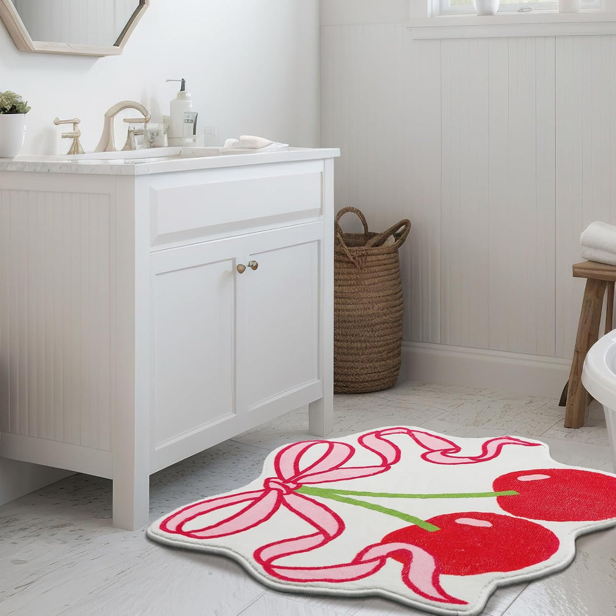 Cherry Bow Bathroom Rug 23.6 x 21.3'' Pink Bow Cute Cherry Bath Decor Soft Non Slip Absorbent Rugs Coquette Fruit Carpet Washable Bathtub Mat for Kitchen Living Room Home Bathtub