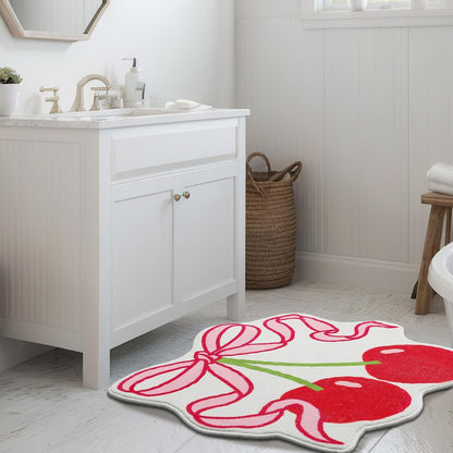 Cherry Bow Bathroom Rug 23.6 x 21.3'' Pink Bow Cute Cherry Bath Decor Soft Non Slip Absorbent Rugs Coquette Fruit Carpet Washable Bathtub Mat for Kitchen Living Room Home Bathtub