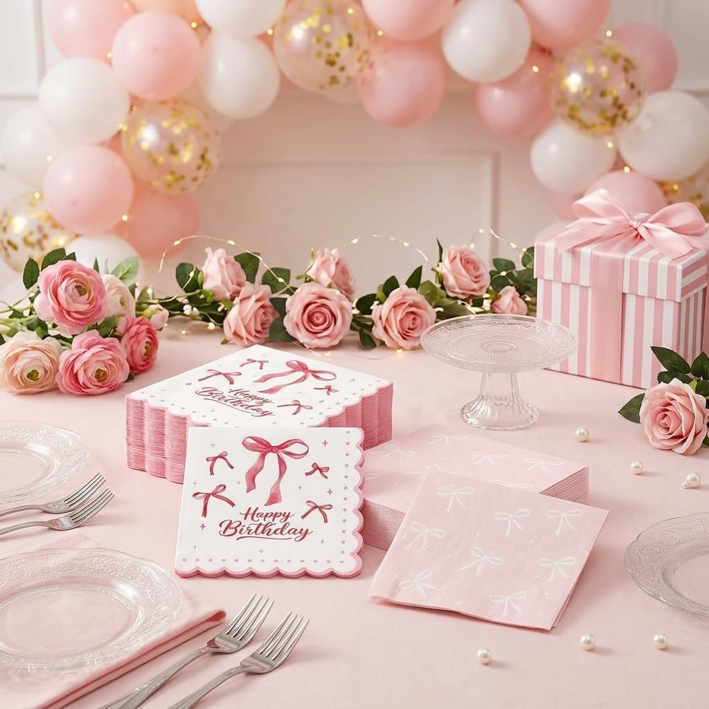 40PCS Pink Bow Napkins Coquette Bow Birthday Decoration for Girls