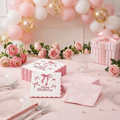 40PCS Pink Bow Napkins Coquette Bow Birthday Decoration for Girls