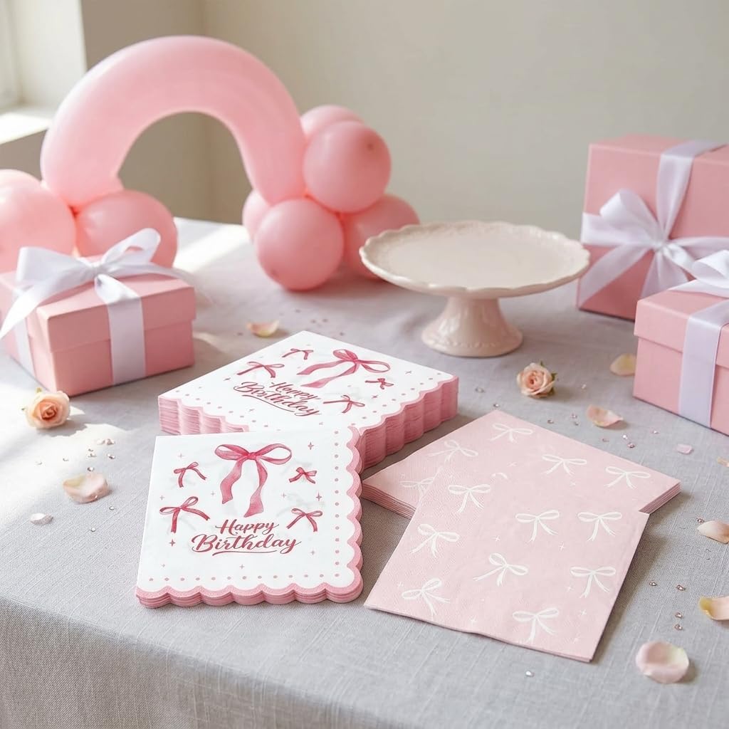 40PCS Pink Bow Napkins Coquette Bow Birthday Decoration for Girls