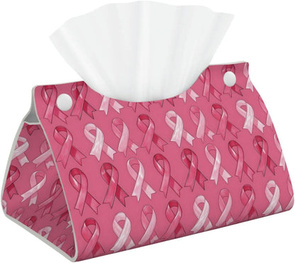 Pink Ribbon Print Long Leather Tissue Box Cover Holder, Foldable Modern Tissue Box Cover, Aesthetic Desk Accessories for Bathroom Tabletop Office Car Home Decor