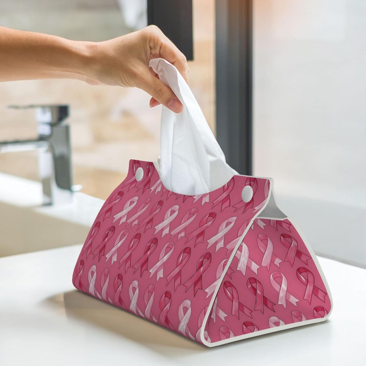 Pink Ribbon Print Long Leather Tissue Box Cover Holder, Foldable Modern Tissue Box Cover, Aesthetic Desk Accessories for Bathroom Tabletop Office Car Home Decor