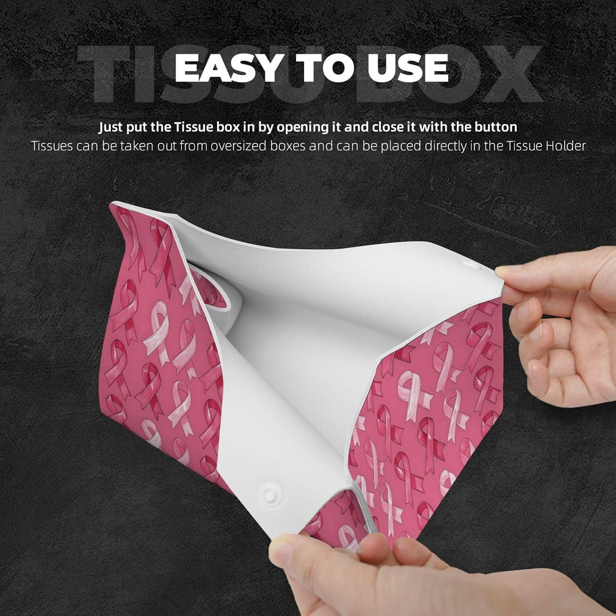 Pink Ribbon Print Long Leather Tissue Box Cover Holder, Foldable Modern Tissue Box Cover, Aesthetic Desk Accessories for Bathroom Tabletop Office Car Home Decor