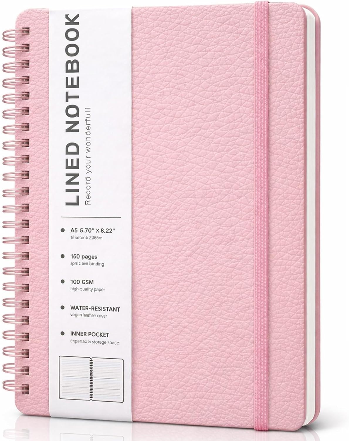 Lined Spiral Journal Notebook, A5 Hardcover Leather Notebook for Work, 5.7''×8.2'', 100GSM Thick Paper Spiral Bound Journaling Notebooks for Women & Men Office School Note Taking Business, Pink