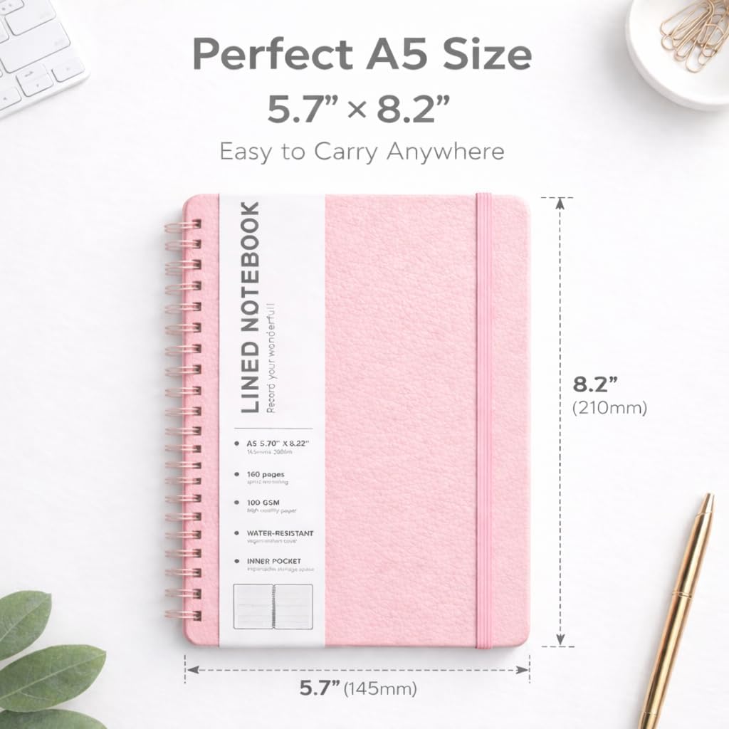 Lined Spiral Journal Notebook, A5 Hardcover Leather Notebook for Work, 5.7''×8.2'', 100GSM Thick Paper Spiral Bound Journaling Notebooks for Women & Men Office School Note Taking Business, Pink