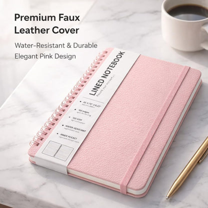 Lined Spiral Journal Notebook, A5 Hardcover Leather Notebook for Work, 5.7''×8.2'', 100GSM Thick Paper Spiral Bound Journaling Notebooks for Women & Men Office School Note Taking Business, Pink