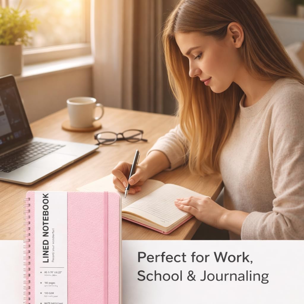 Lined Spiral Journal Notebook, A5 Hardcover Leather Notebook for Work, 5.7''×8.2'', 100GSM Thick Paper Spiral Bound Journaling Notebooks for Women & Men Office School Note Taking Business, Pink
