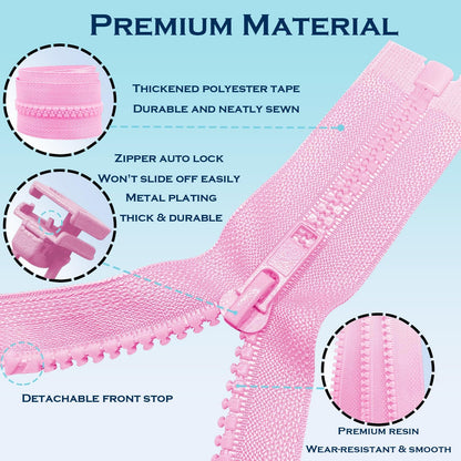 2PCS #5 39 Inch Pink Separating Jacket Zippers for Sewing Coats, Molded Plastic Bulk Zippers(Pink 39" 2PCS)