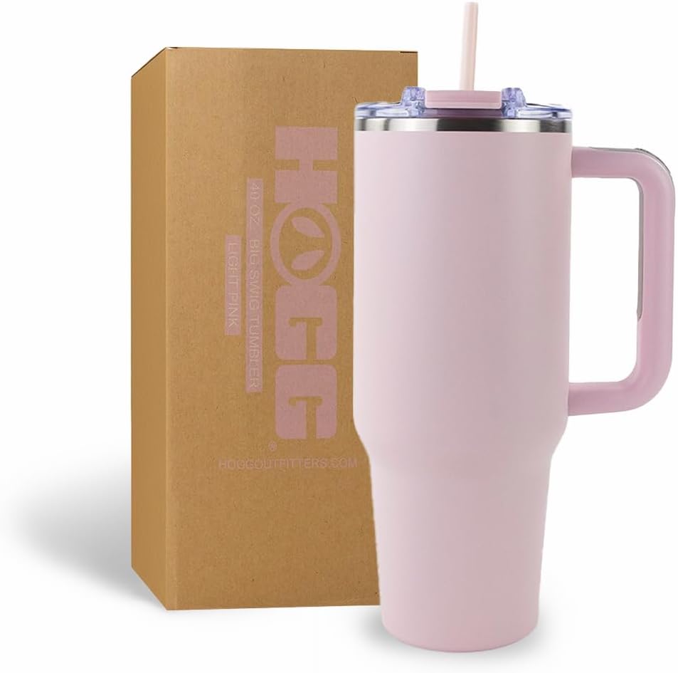 Hogg Big Swig 40oz Tumbler with Handle and Straw - Light Pink, 40 oz Tumbler, Insulated Cup with Handle, 40oz Water Bottle with Straw, Thermal Cups, Leak Proof Lid, Travel Mugs, Stainless Steel