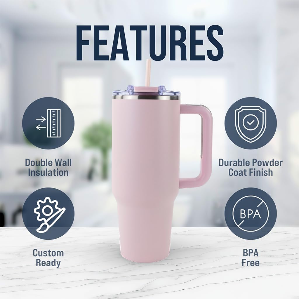Hogg Big Swig 40oz Tumbler with Handle and Straw - Light Pink, 40 oz Tumbler, Insulated Cup with Handle, 40oz Water Bottle with Straw, Thermal Cups, Leak Proof Lid, Travel Mugs, Stainless Steel