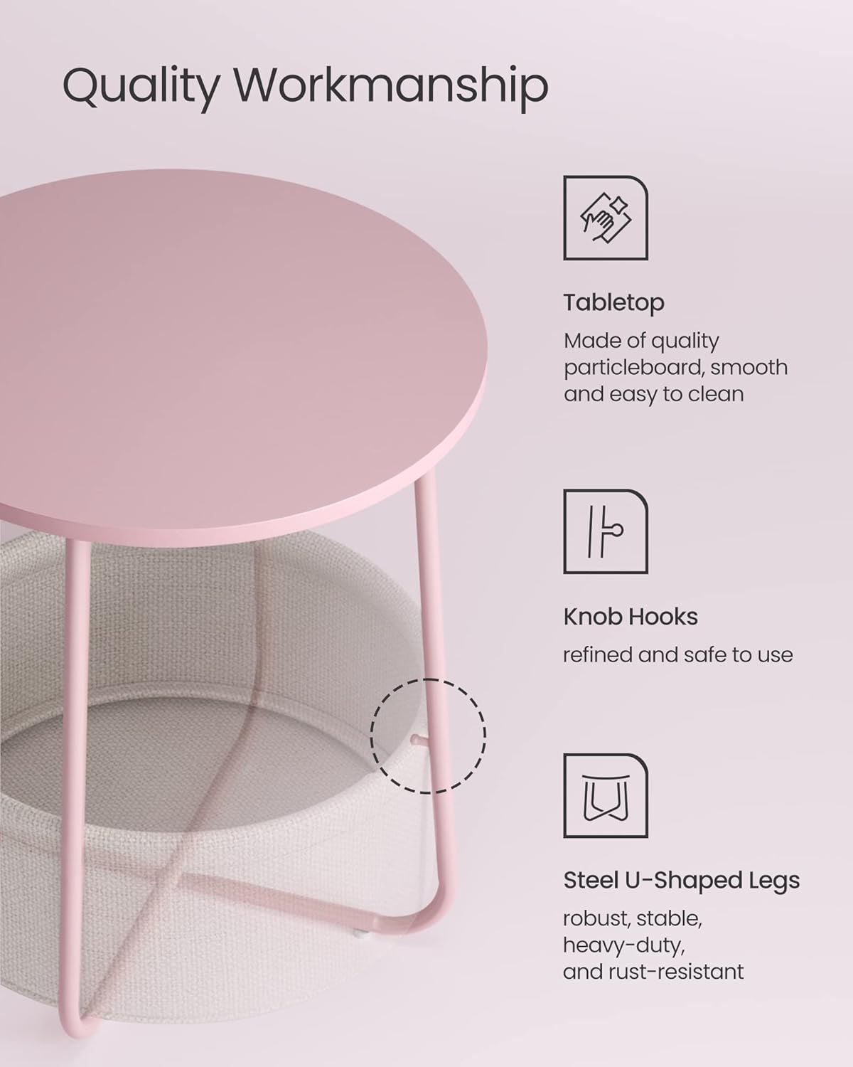 LILEA Collection - Small Round Side End Table, Modern Nightstand with Fabric Basket, Jelly Pink and Cream White ULET223R61