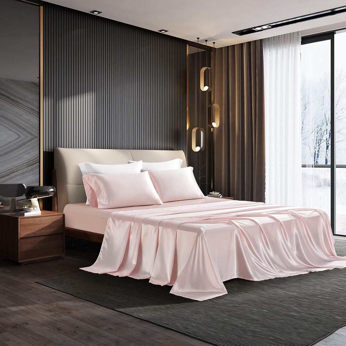 HommxJF 4PCS Blush Pink Satin Sheets Queen Size Silky Sheets Sets Lightweight Soft Bedding Sets with 1 Flat Sheet+1 Deep Pocket Fitted Sheet+2 Pillowcases (Blush Pink, Queen)