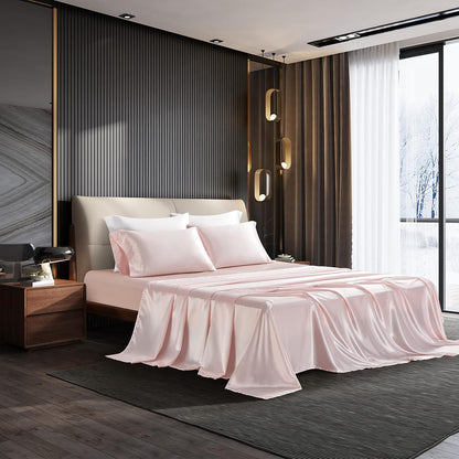 HommxJF 4PCS Blush Pink Satin Sheets Queen Size Silky Sheets Sets Lightweight Soft Bedding Sets with 1 Flat Sheet+1 Deep Pocket Fitted Sheet+2 Pillowcases (Blush Pink, Queen)