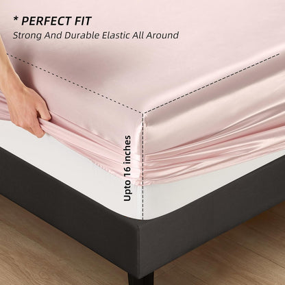 HommxJF 4PCS Blush Pink Satin Sheets Queen Size Silky Sheets Sets Lightweight Soft Bedding Sets with 1 Flat Sheet+1 Deep Pocket Fitted Sheet+2 Pillowcases (Blush Pink, Queen)