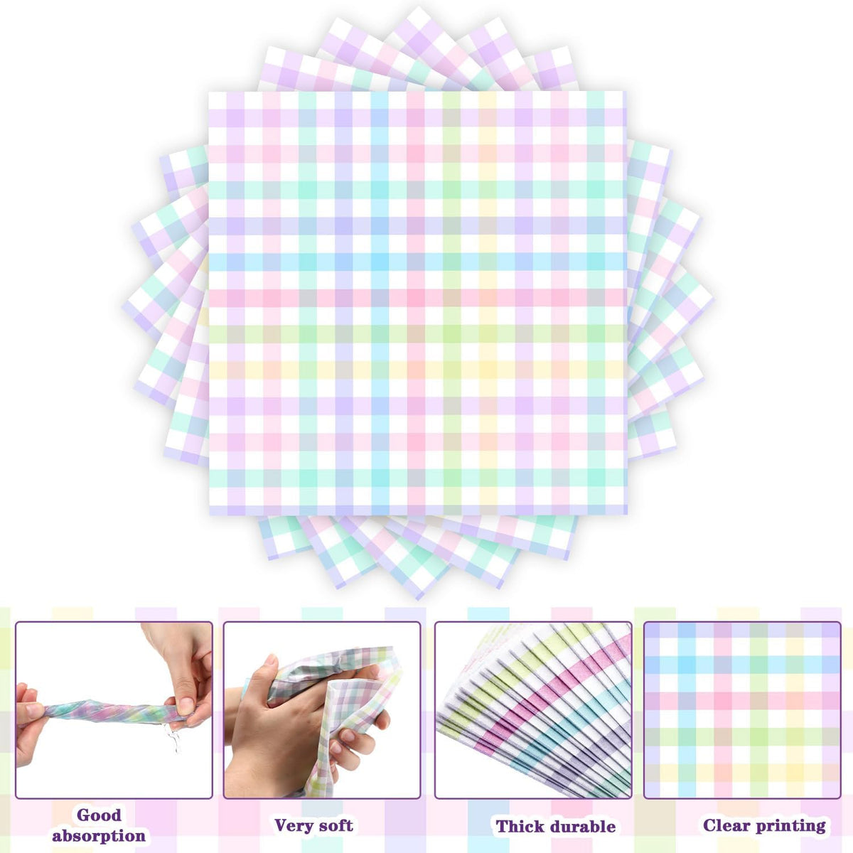 100 Pcs Pastel Paper Napkins—Disposable Plaid, Stripes, Polka Dots, Scallop Designs—Party Tableware for Summer, Birthday, Wedding, Cocktail(Pink,Fresh Style)