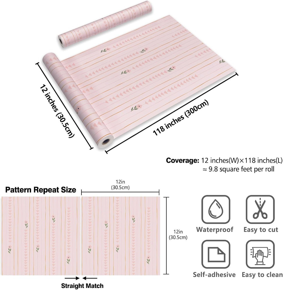 Cute Light Pink Floral Peel and Stick Wallpaper for Nursery Girls Bedroom Vertical Stripes Triangles Art Deco Wallpaper Removable Pink Contact Paper for Cabinets Drawers Accent Walls 12"x118"