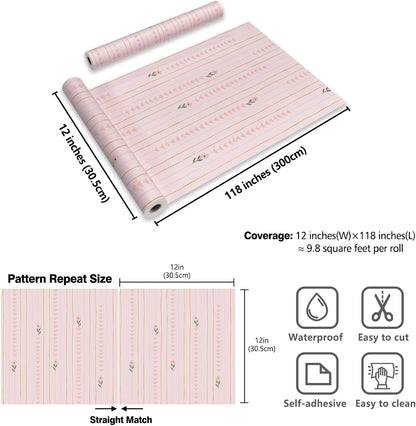 Cute Light Pink Floral Peel and Stick Wallpaper for Nursery Girls Bedroom Vertical Stripes Triangles Art Deco Wallpaper Removable Pink Contact Paper for Cabinets Drawers Accent Walls 12"x118"
