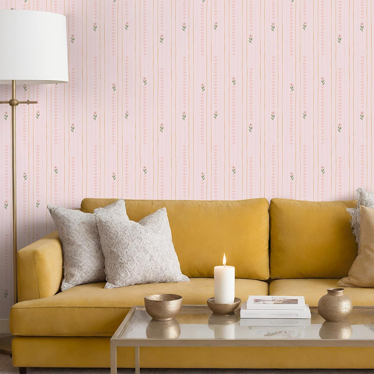 Cute Light Pink Floral Peel and Stick Wallpaper for Nursery Girls Bedroom Vertical Stripes Triangles Art Deco Wallpaper Removable Pink Contact Paper for Cabinets Drawers Accent Walls 12"x118"