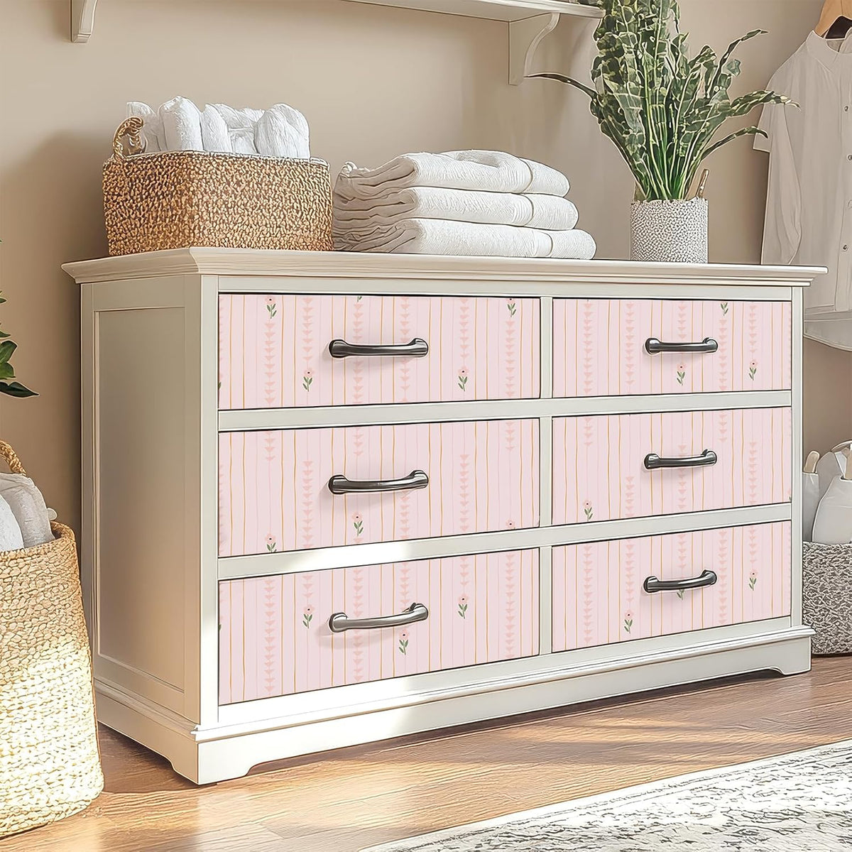 Cute Light Pink Floral Peel and Stick Wallpaper for Nursery Girls Bedroom Vertical Stripes Triangles Art Deco Wallpaper Removable Pink Contact Paper for Cabinets Drawers Accent Walls 12"x118"