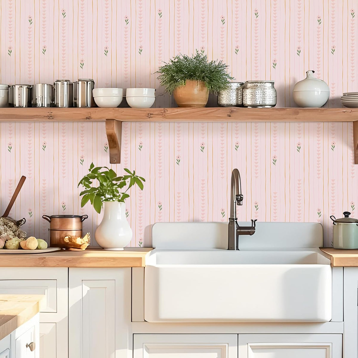 Cute Light Pink Floral Peel and Stick Wallpaper for Nursery Girls Bedroom Vertical Stripes Triangles Art Deco Wallpaper Removable Pink Contact Paper for Cabinets Drawers Accent Walls 12"x118"