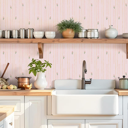 Cute Light Pink Floral Peel and Stick Wallpaper for Nursery Girls Bedroom Vertical Stripes Triangles Art Deco Wallpaper Removable Pink Contact Paper for Cabinets Drawers Accent Walls 12"x118"
