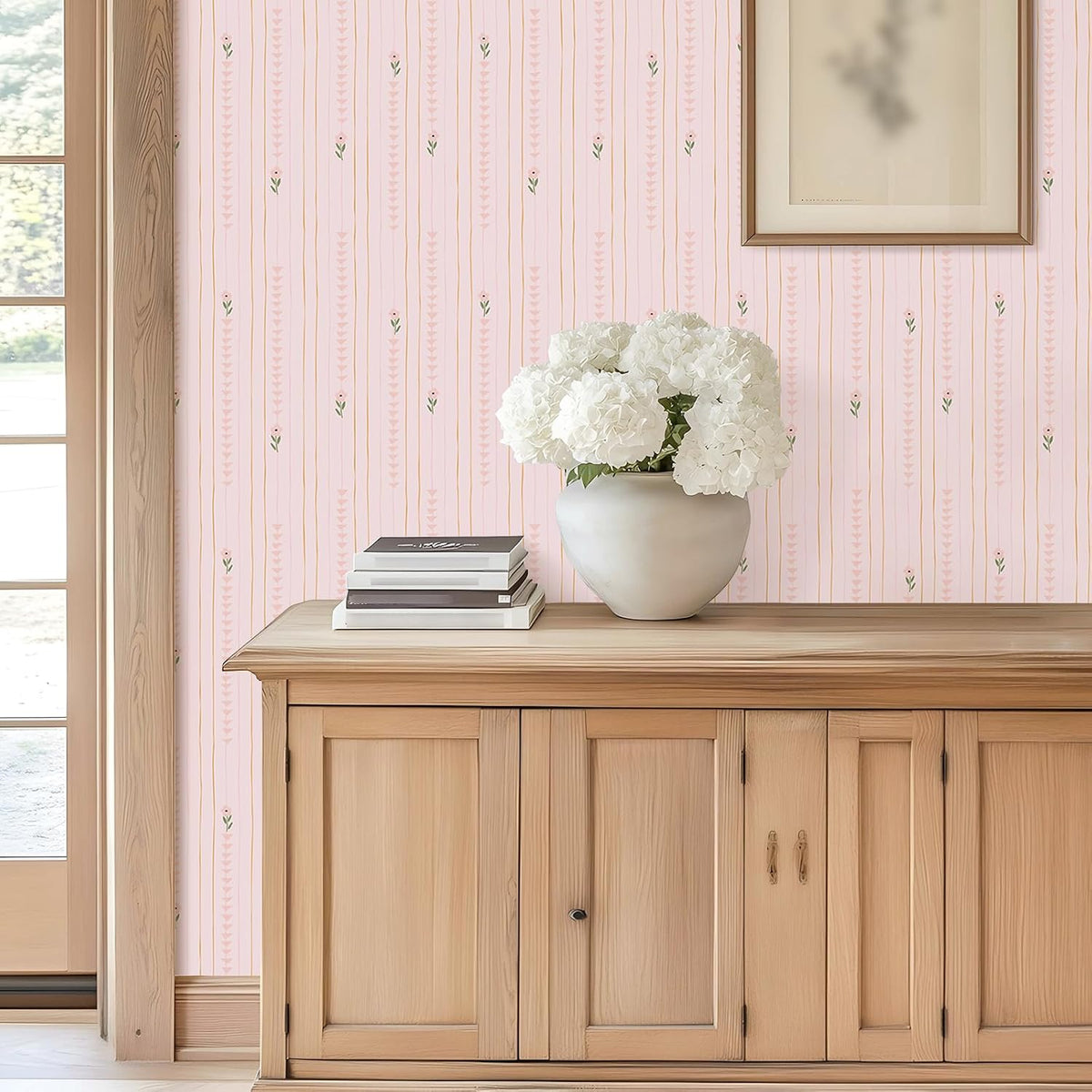 Cute Light Pink Floral Peel and Stick Wallpaper for Nursery Girls Bedroom Vertical Stripes Triangles Art Deco Wallpaper Removable Pink Contact Paper for Cabinets Drawers Accent Walls 12"x118"