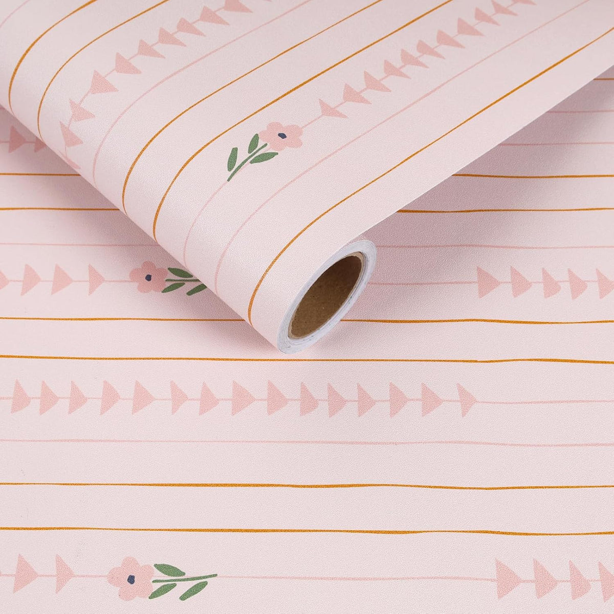 Cute Light Pink Floral Peel and Stick Wallpaper for Nursery Girls Bedroom Vertical Stripes Triangles Art Deco Wallpaper Removable Pink Contact Paper for Cabinets Drawers Accent Walls 12"x118"