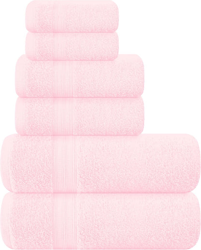 6 Pack Cotton Towel Set, Contains 2 Bath Towels 27x54 inch, 2 Hand Towels 16x24 inch & 2 Wash Coths 12x12 inch, Ideal Everyday use, Ultra Soft Compact & Lightweight - Pink