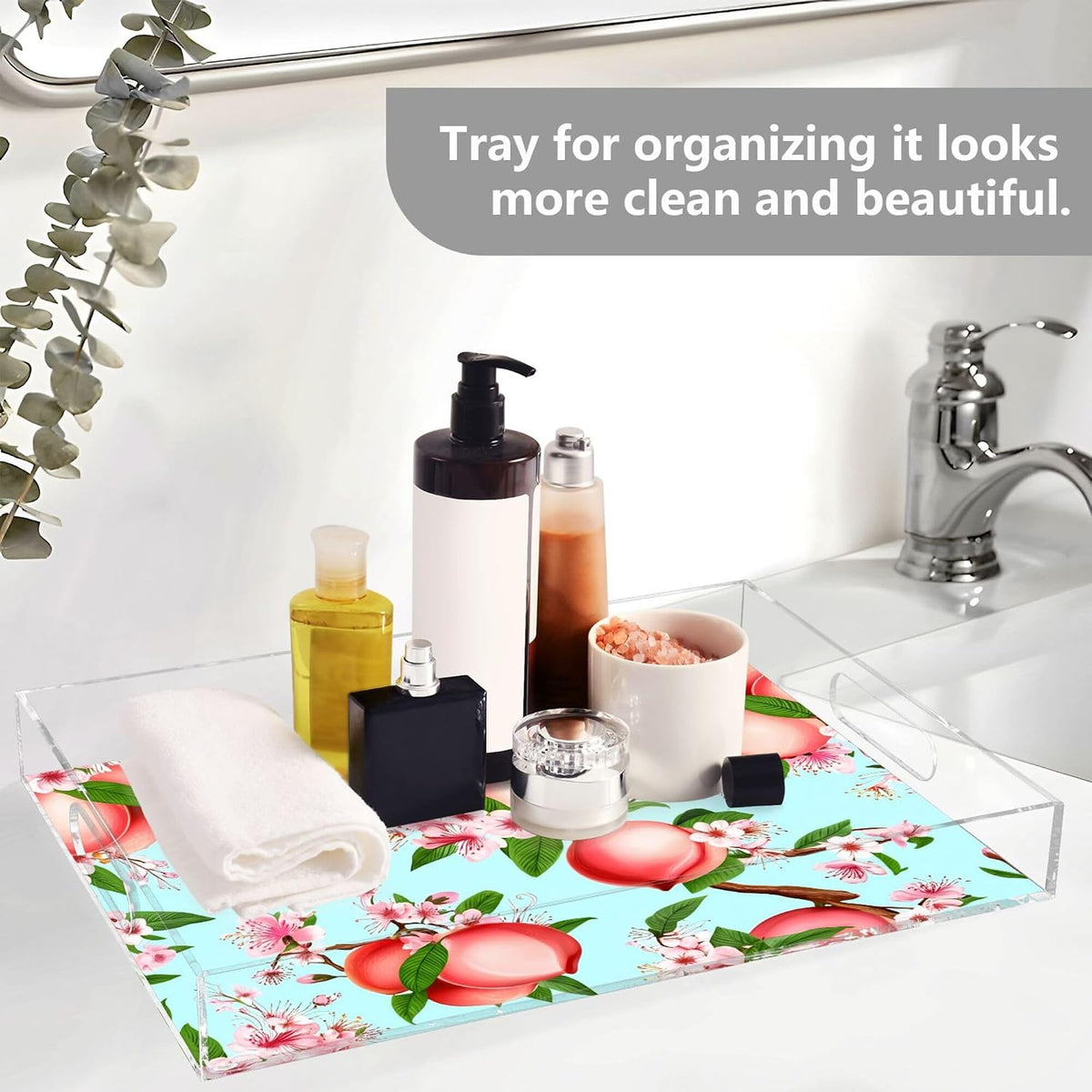 Peach Serving Tray, 15.7x11.8 Inches Decorative Acrylic Tray with Handles for Breakfast, Coffee Table, Bathroom Organizer, Storage Tray