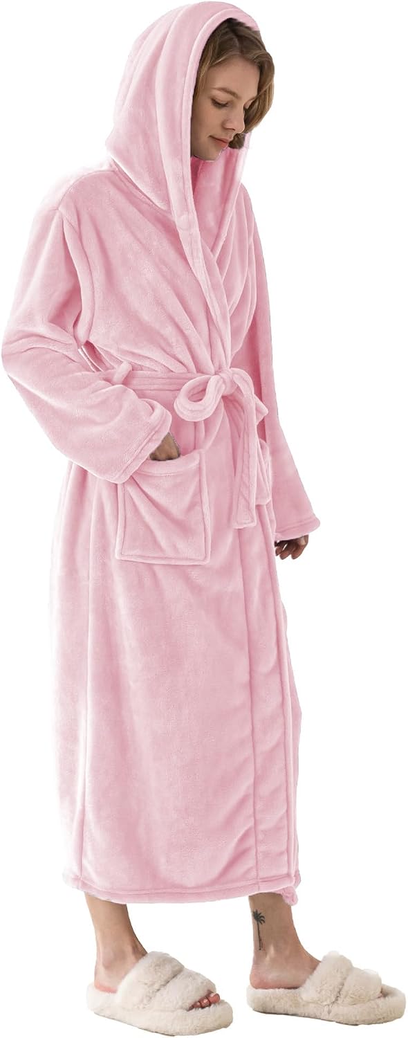 Robes for Women - Hooded Plush Fleece Bathrobe with Sash & Pockets, Full-Length Lightweight Spa Robe