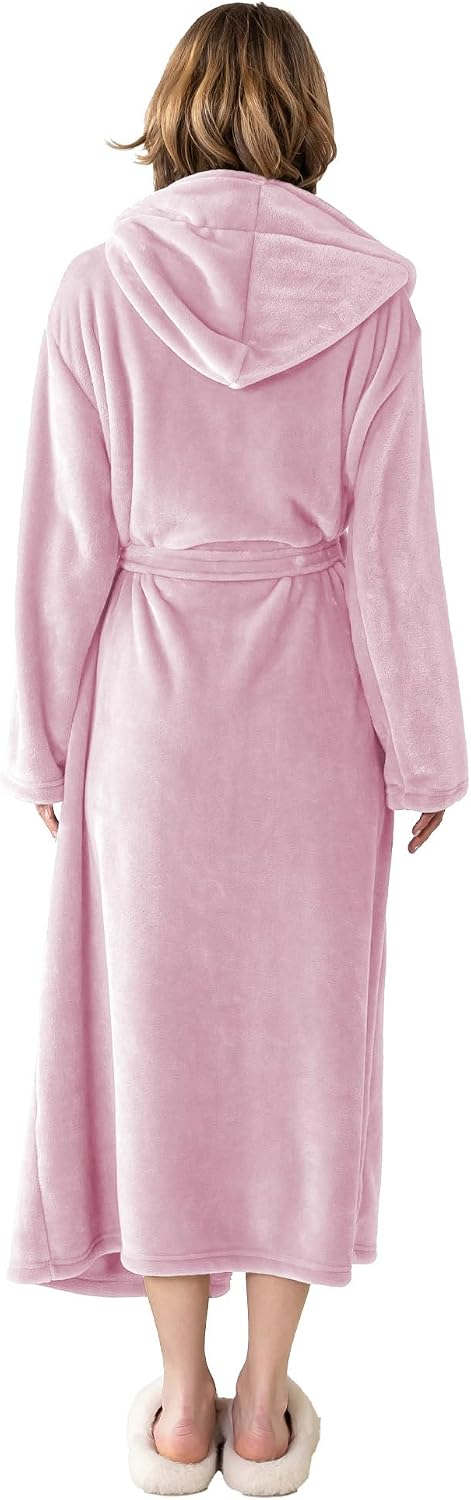 Robes for Women - Hooded Plush Fleece Bathrobe with Sash & Pockets, Full-Length Lightweight Spa Robe