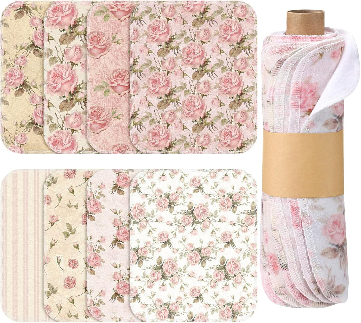 24 Pack Reusable Paper Towels Washable Cloths, Pink Vintage Rose