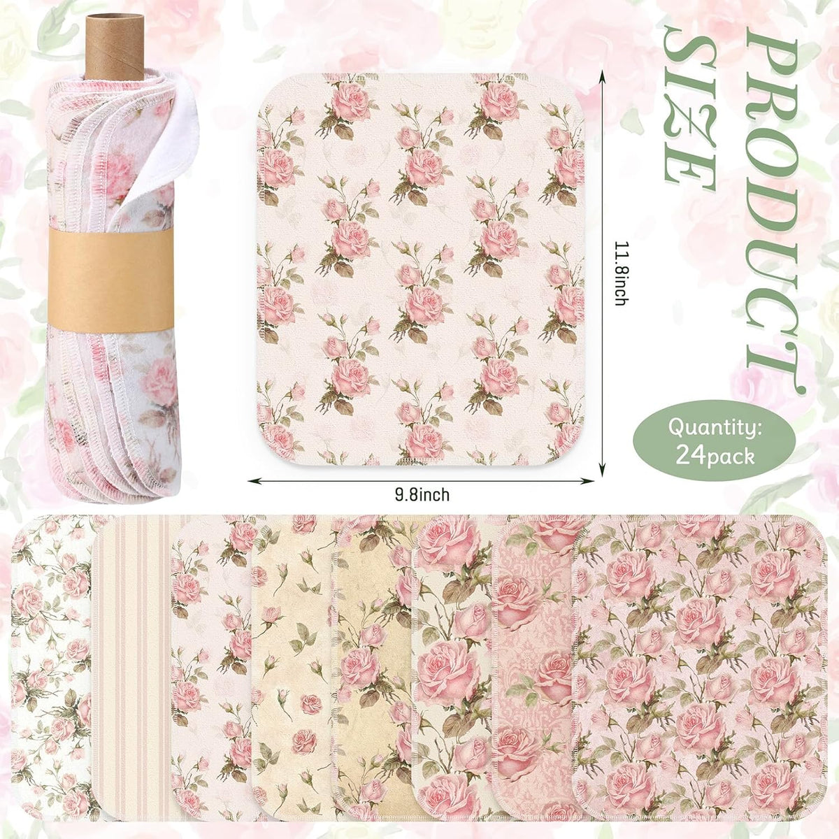 24 Pack Reusable Paper Towels Washable Cloths, Pink Vintage Rose