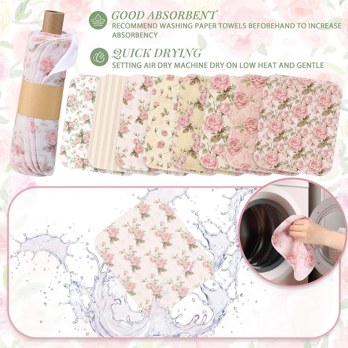 24 Pack Reusable Paper Towels Washable Cloths, Pink Vintage Rose