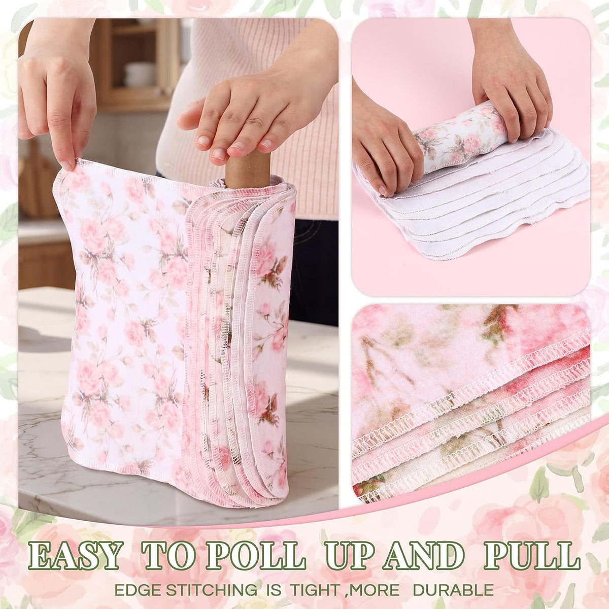 24 Pack Reusable Paper Towels Washable Cloths, Pink Vintage Rose